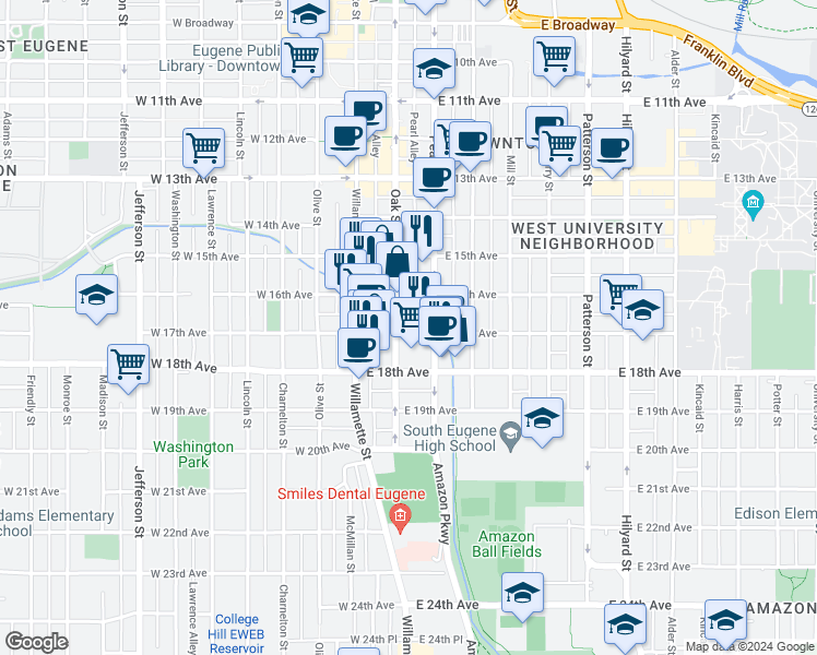 map of restaurants, bars, coffee shops, grocery stores, and more near 1686 Pearl Street in Eugene