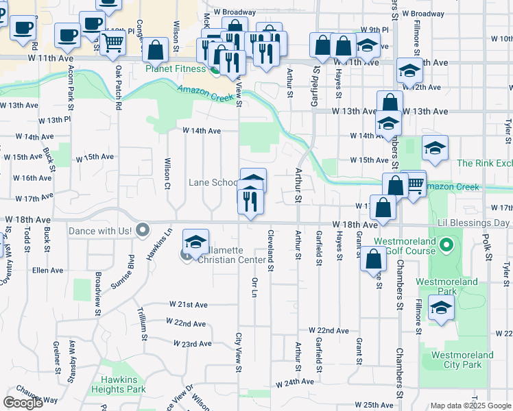 map of restaurants, bars, coffee shops, grocery stores, and more near 1717 City View Street in Eugene