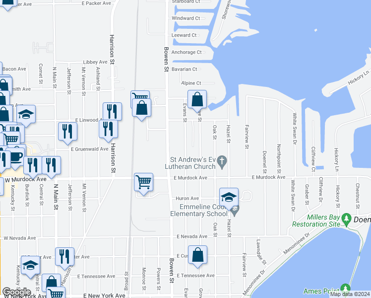 map of restaurants, bars, coffee shops, grocery stores, and more near 1850 Bowen Street in Oshkosh