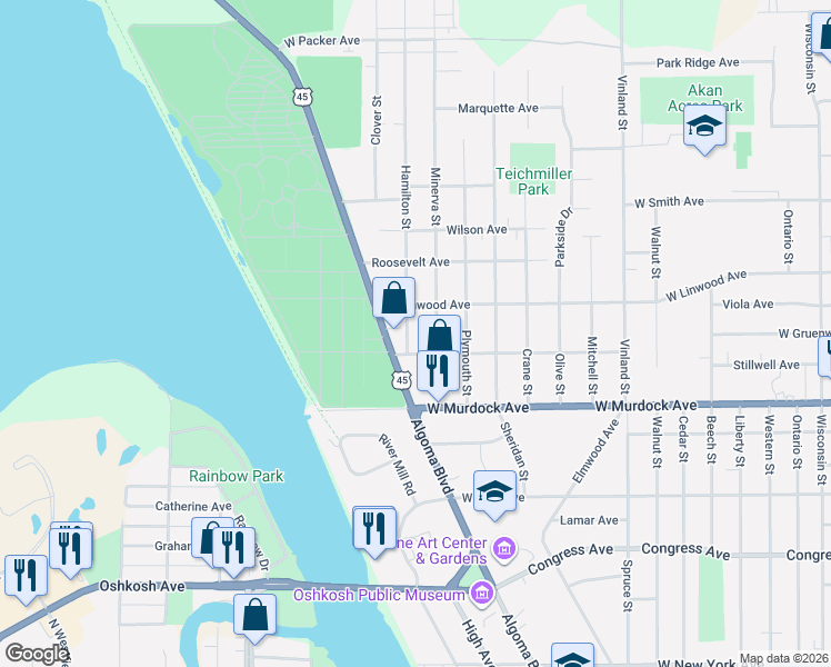 map of restaurants, bars, coffee shops, grocery stores, and more near 1936A Algoma Boulevard in Oshkosh