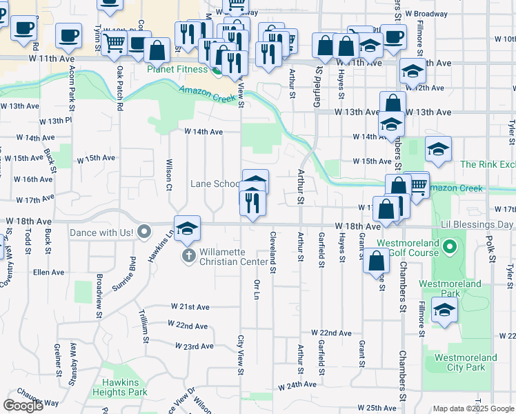 map of restaurants, bars, coffee shops, grocery stores, and more near 1717 City View Street in Eugene