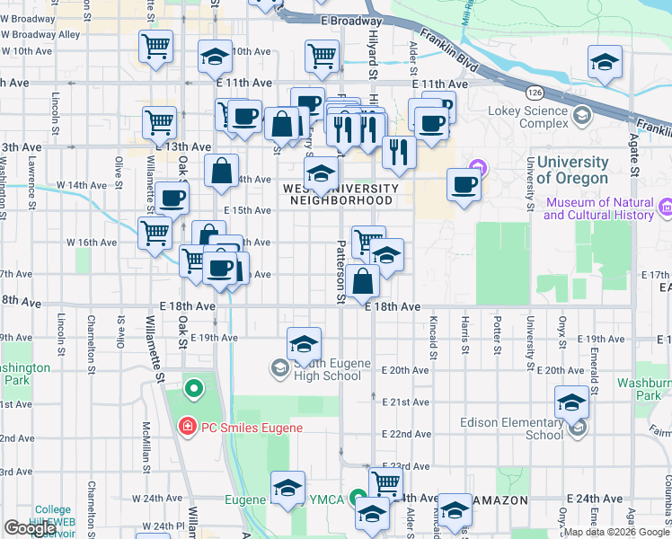 map of restaurants, bars, coffee shops, grocery stores, and more near 1690 Patterson Street in Eugene