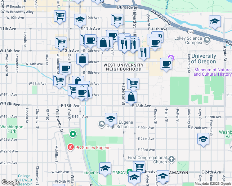 map of restaurants, bars, coffee shops, grocery stores, and more near 505 East 17th Avenue in Eugene