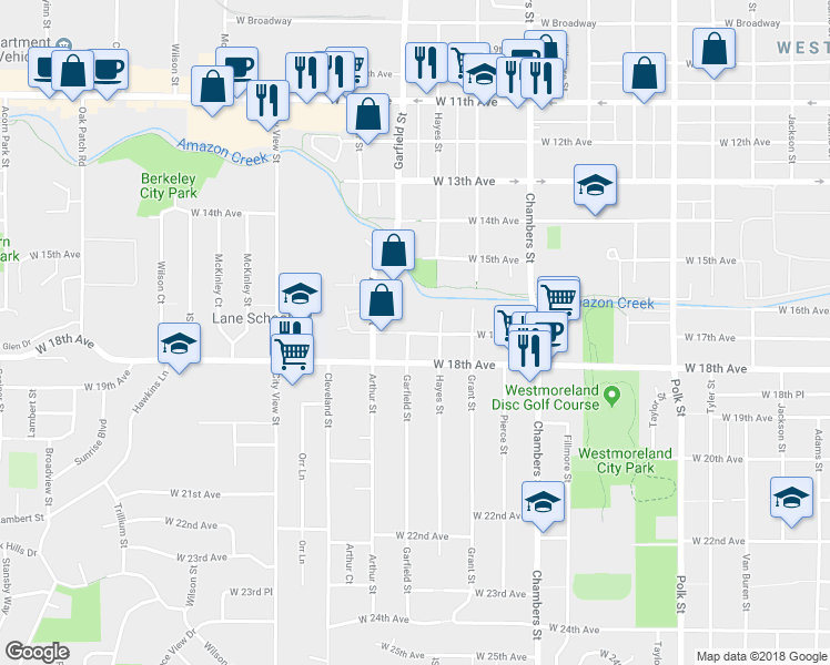 map of restaurants, bars, coffee shops, grocery stores, and more near 2019 West 17th Avenue in Eugene