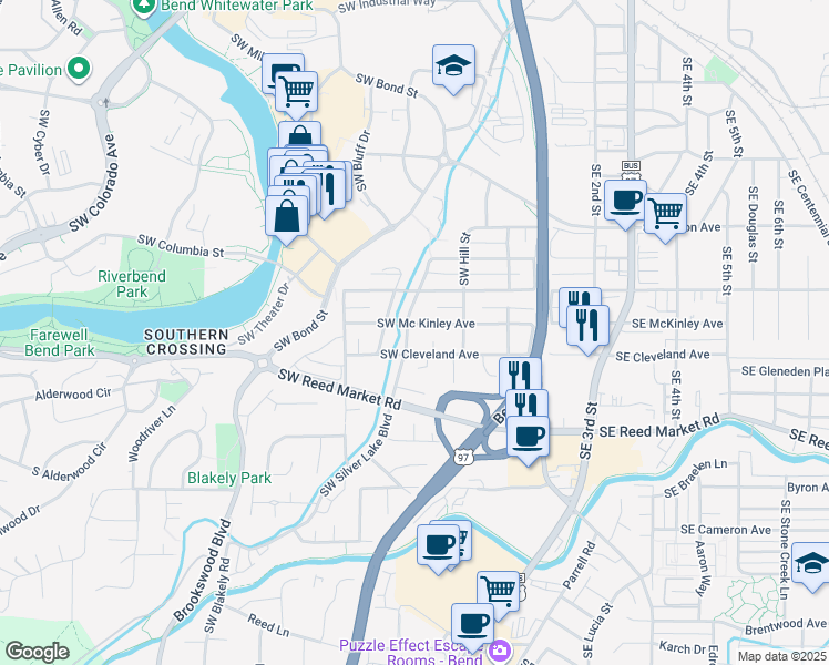 map of restaurants, bars, coffee shops, grocery stores, and more near 225 Southwest Mc Kinley Avenue in Bend