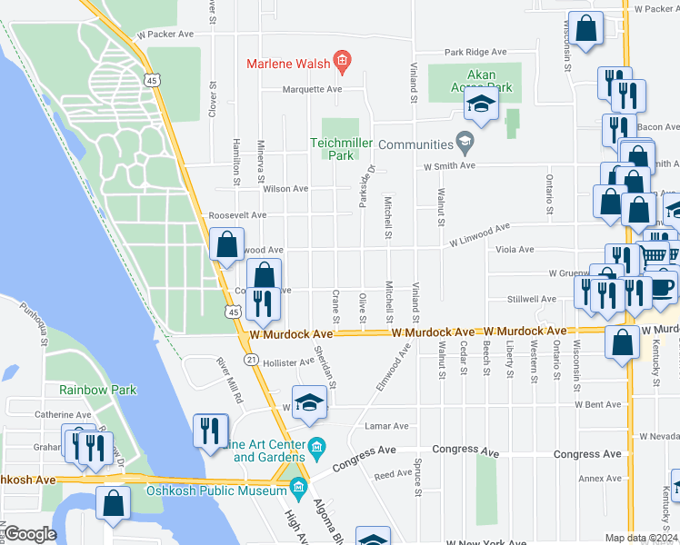 map of restaurants, bars, coffee shops, grocery stores, and more near 1940 Crane Street in Oshkosh