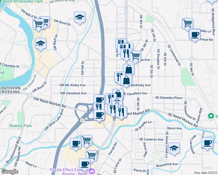 map of restaurants, bars, coffee shops, grocery stores, and more near 135 Southeast McKinley Avenue in Bend