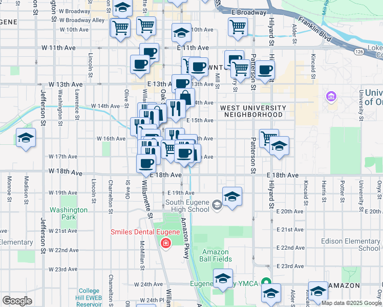 map of restaurants, bars, coffee shops, grocery stores, and more near 261 East 17th Avenue in Eugene