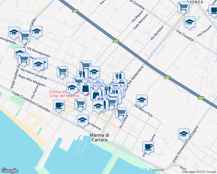map of restaurants, bars, coffee shops, grocery stores, and more near 33 Via Lunense in Marina di Carrara