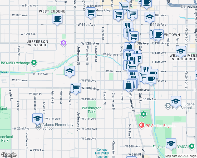 map of restaurants, bars, coffee shops, grocery stores, and more near 375 West 17th Avenue in Eugene