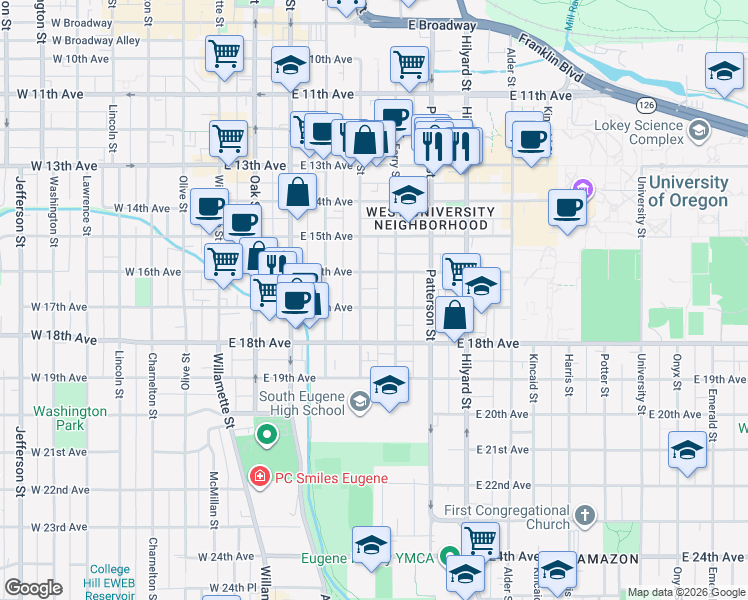 map of restaurants, bars, coffee shops, grocery stores, and more near 6168 Ferry Street in Eugene