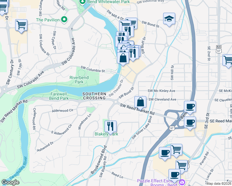 map of restaurants, bars, coffee shops, grocery stores, and more near 857 Southwest Theater Drive in Bend