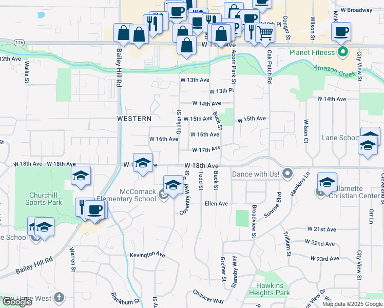 map of restaurants, bars, coffee shops, grocery stores, and more near 3354 West 17th Avenue in Eugene