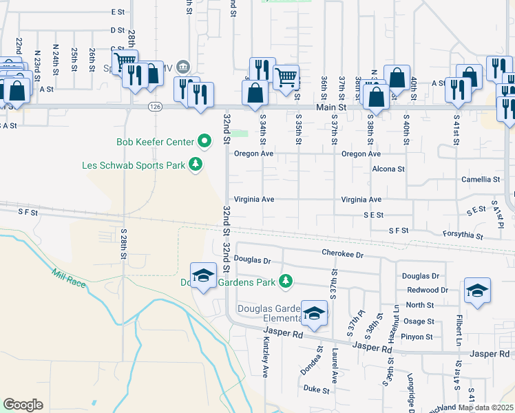 map of restaurants, bars, coffee shops, grocery stores, and more near 3385 Virginia Avenue in Springfield