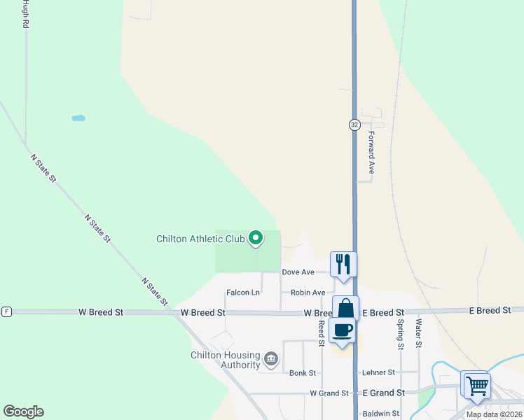 map of restaurants, bars, coffee shops, grocery stores, and more near 845 North Madison Street in Chilton