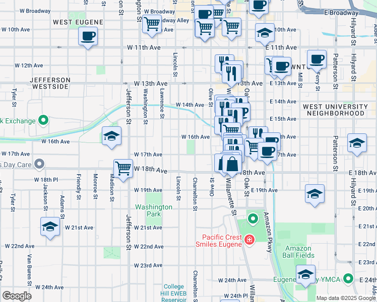 map of restaurants, bars, coffee shops, grocery stores, and more near 1688 Charnelton St in Eugene
