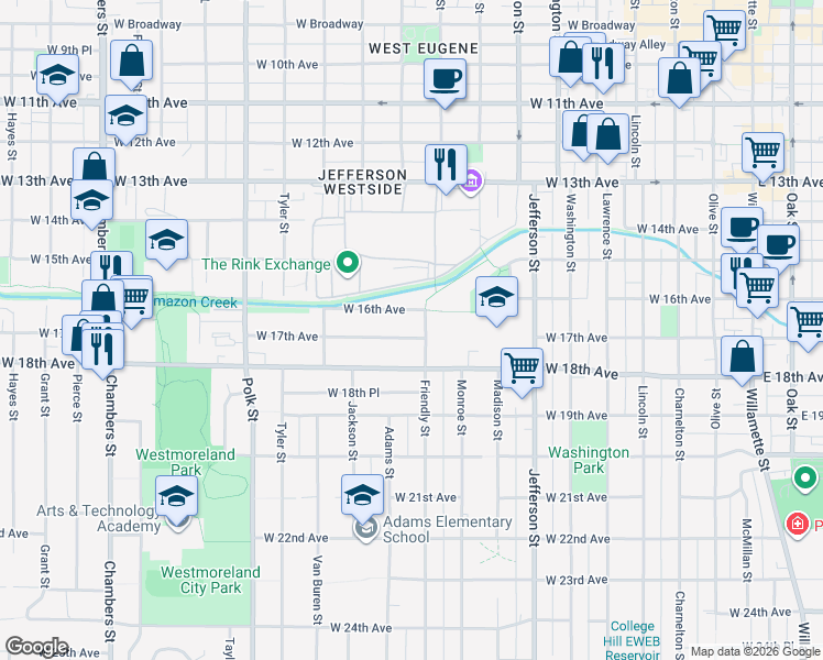 map of restaurants, bars, coffee shops, grocery stores, and more near 885 West 17th Avenue in Eugene