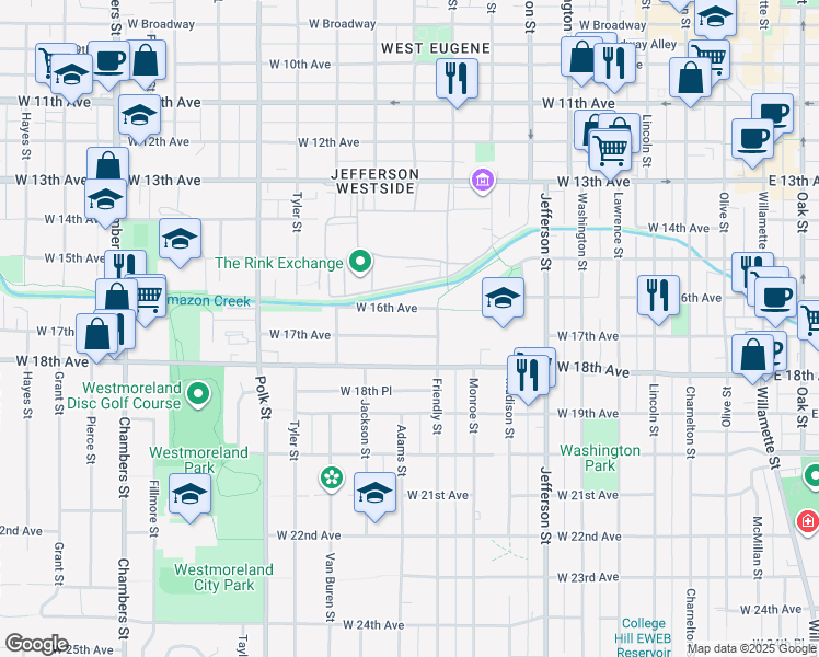 map of restaurants, bars, coffee shops, grocery stores, and more near 885 West 17th Avenue in Eugene