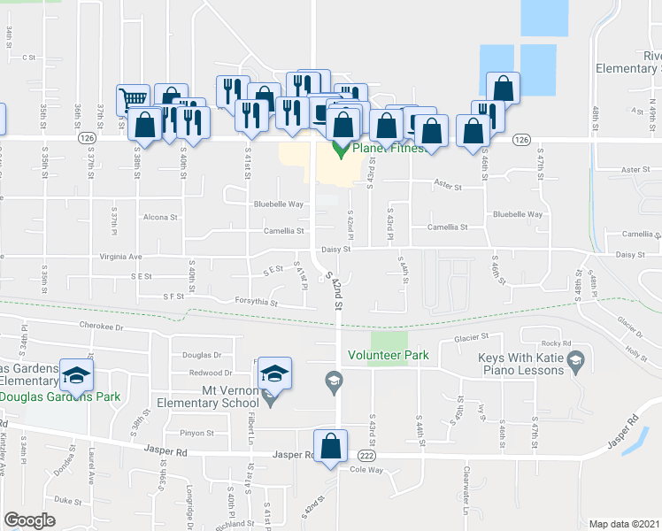 map of restaurants, bars, coffee shops, grocery stores, and more near 4251 Daisy Street in Springfield