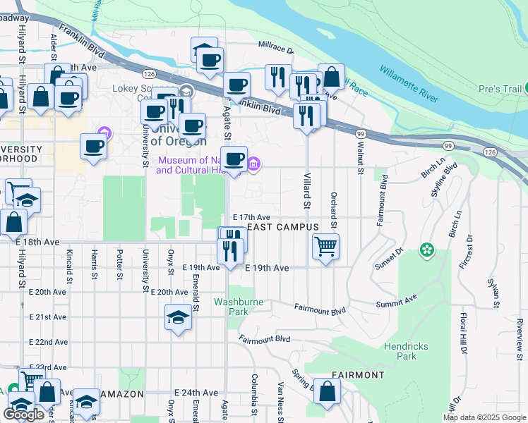 map of restaurants, bars, coffee shops, grocery stores, and more near 1745 East 17th Avenue in Eugene