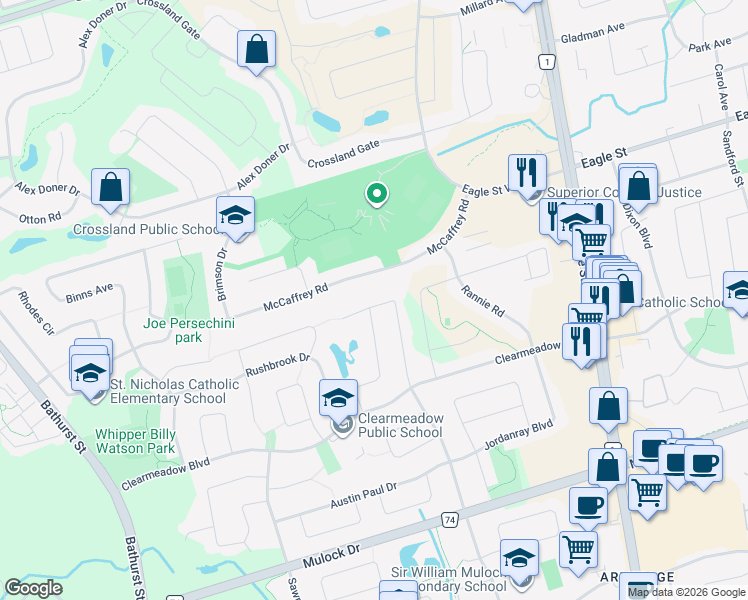 map of restaurants, bars, coffee shops, grocery stores, and more near 315 Flanagan Court in Newmarket