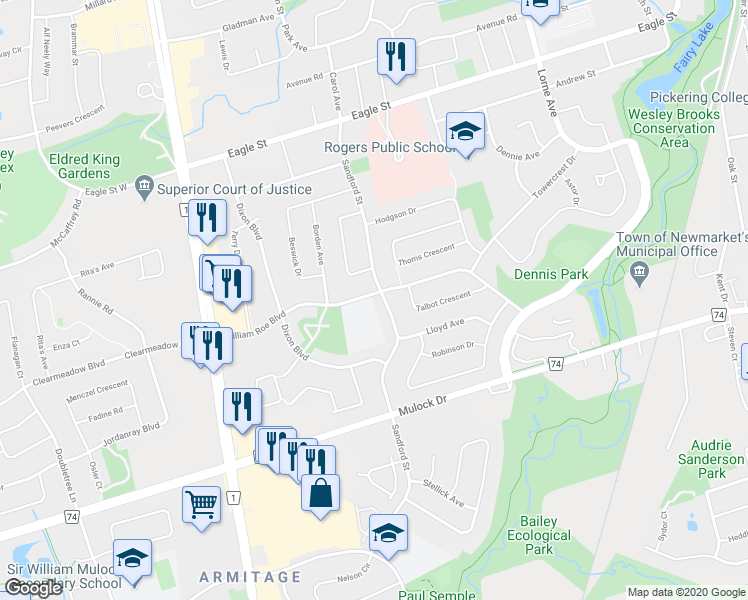 map of restaurants, bars, coffee shops, grocery stores, and more near 152 William Roe Boulevard in Newmarket