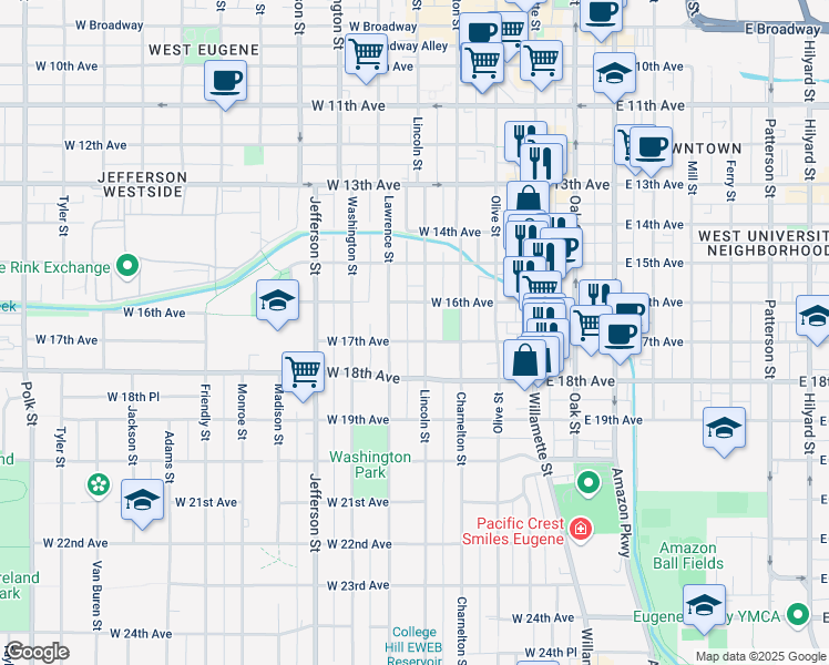 map of restaurants, bars, coffee shops, grocery stores, and more near 329 West 17th Avenue in Eugene