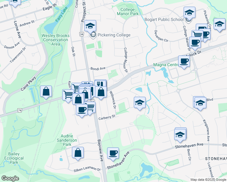 map of restaurants, bars, coffee shops, grocery stores, and more near 527 Walpole Crescent in Newmarket