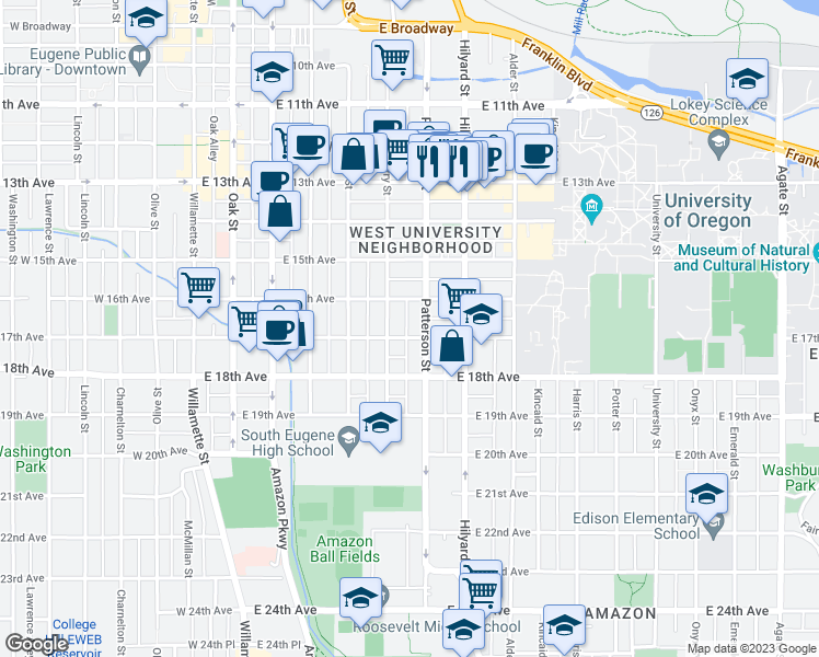 map of restaurants, bars, coffee shops, grocery stores, and more near 1693 Patterson Alley in Eugene