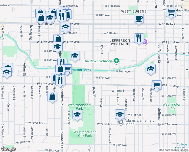 map of restaurants, bars, coffee shops, grocery stores, and more near 1685 Polk Street in Eugene