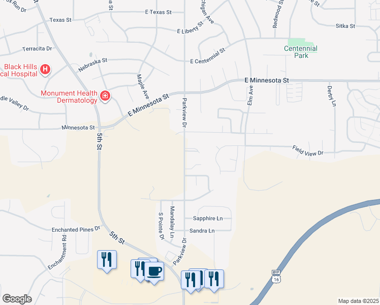 map of restaurants, bars, coffee shops, grocery stores, and more near 4311 Parkview Drive in Rapid City