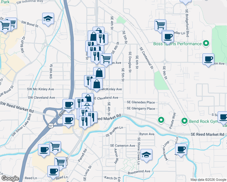 map of restaurants, bars, coffee shops, grocery stores, and more near 415 Southeast McKinley Avenue in Bend