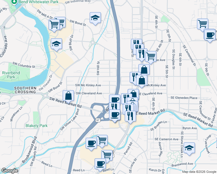 map of restaurants, bars, coffee shops, grocery stores, and more near 35 Southwest Mc Kinley Avenue in Bend