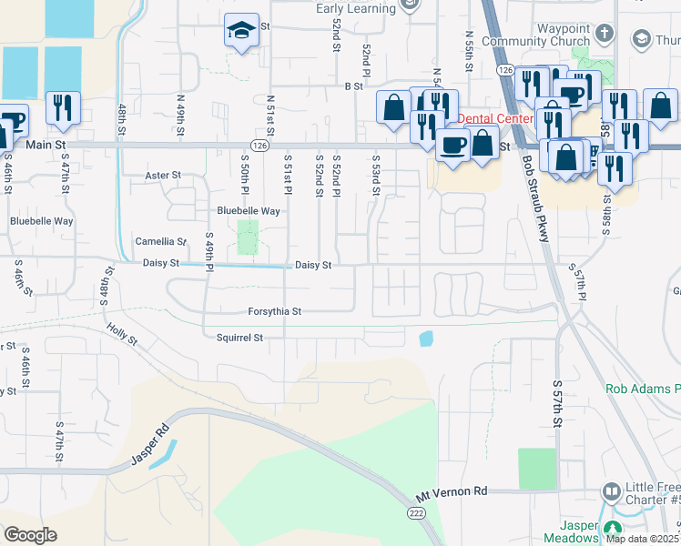 map of restaurants, bars, coffee shops, grocery stores, and more near 5207 Daisy Street in Springfield