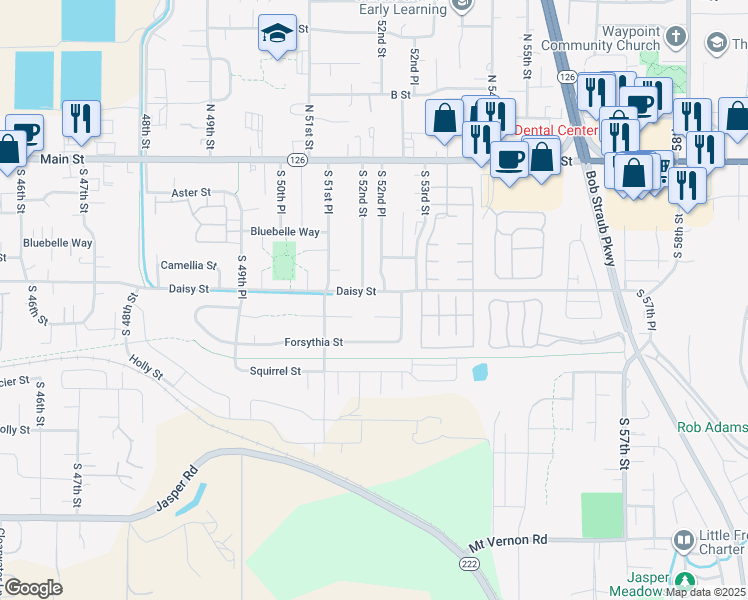 map of restaurants, bars, coffee shops, grocery stores, and more near 5207 Daisy Street in Springfield