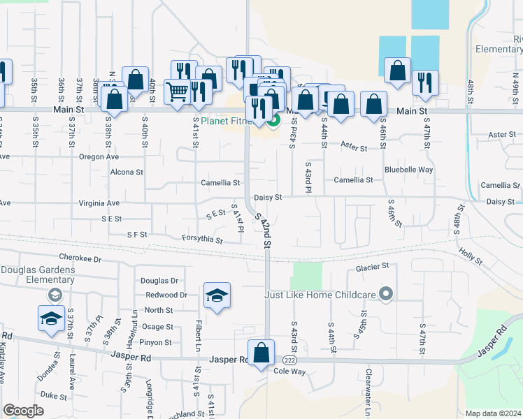 map of restaurants, bars, coffee shops, grocery stores, and more near 4251 Daisy Street in Springfield