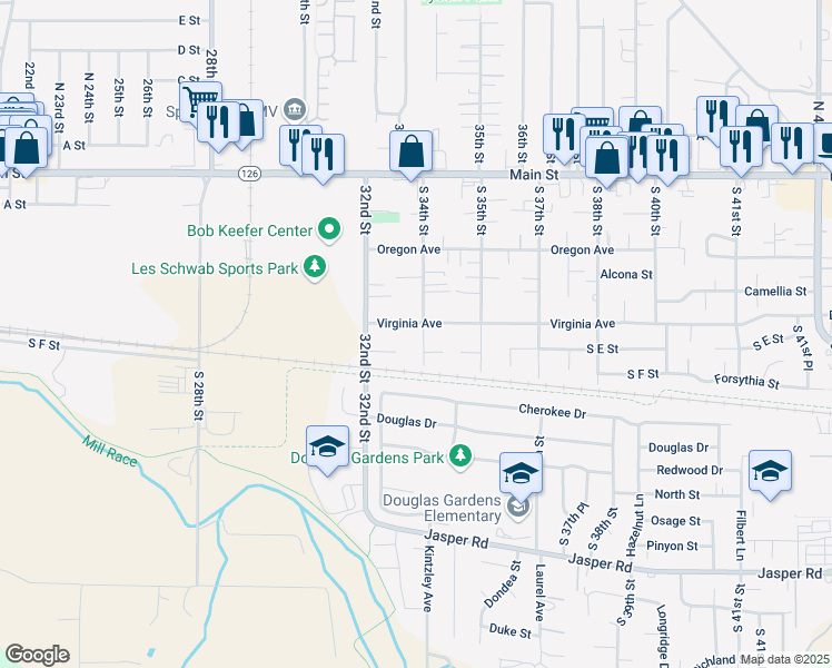 map of restaurants, bars, coffee shops, grocery stores, and more near 3385 Virginia Avenue in Springfield
