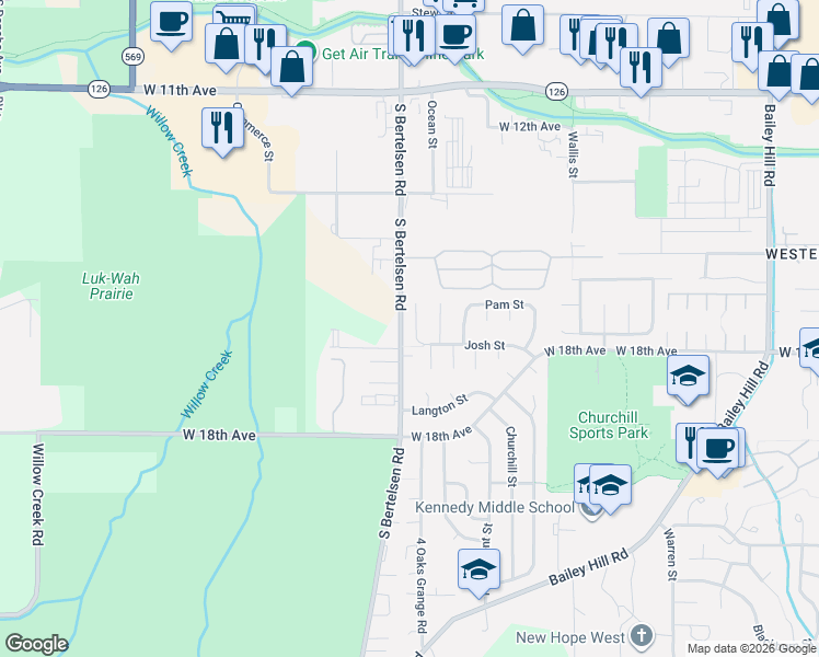map of restaurants, bars, coffee shops, grocery stores, and more near 4028 Josh Street in Eugene