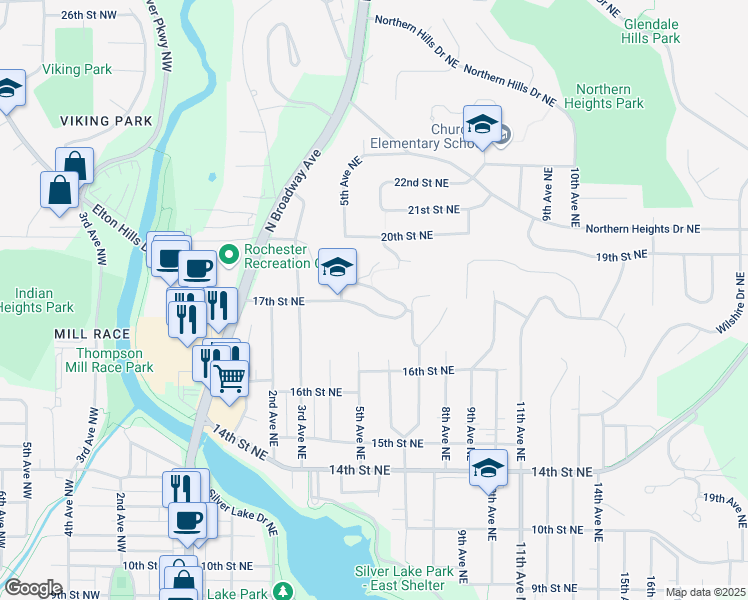 map of restaurants, bars, coffee shops, grocery stores, and more near 503 17th Street Northeast in Rochester