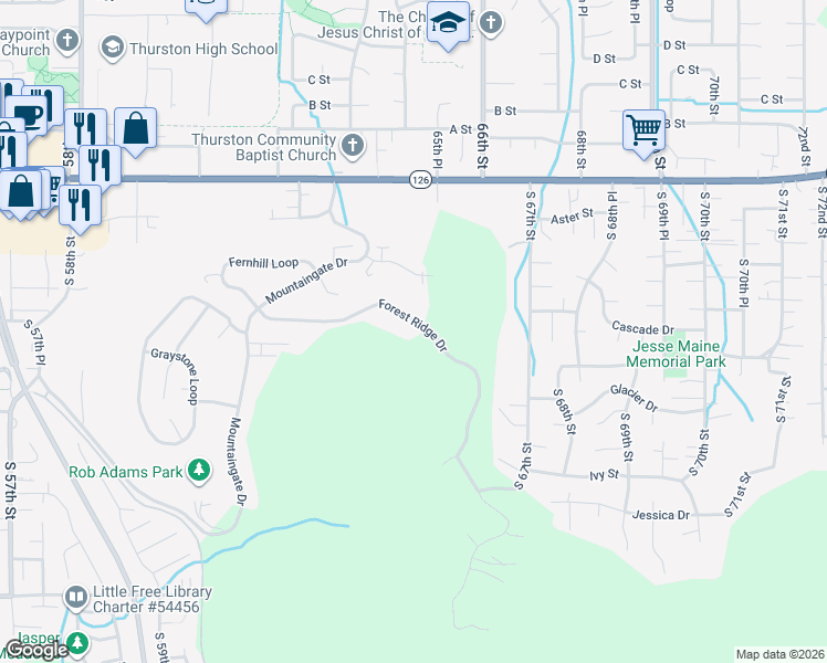 map of restaurants, bars, coffee shops, grocery stores, and more near 6489 Forest Ridge Drive in Springfield
