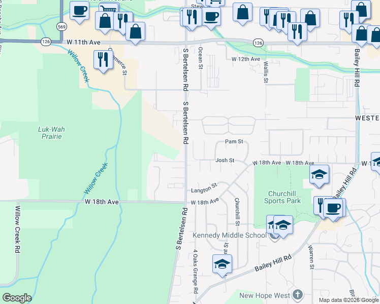 map of restaurants, bars, coffee shops, grocery stores, and more near 4028 Josh Street in Eugene