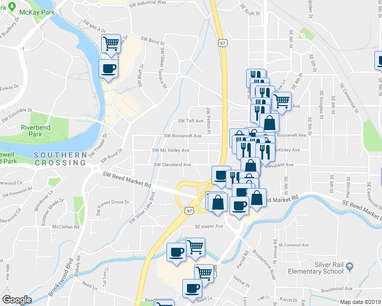 map of restaurants, bars, coffee shops, grocery stores, and more near 63 Southwest Mc Kinley Avenue in Bend