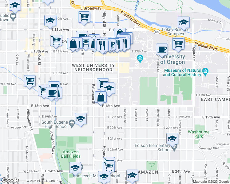 map of restaurants, bars, coffee shops, grocery stores, and more near 773 East 17th Avenue in Eugene