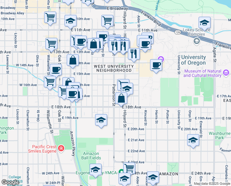 map of restaurants, bars, coffee shops, grocery stores, and more near 1695 Patterson Street in Eugene