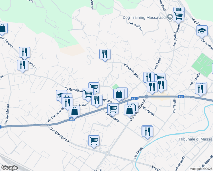 map of restaurants, bars, coffee shops, grocery stores, and more near 85 Via Armando Mannini in Massa