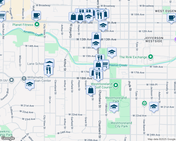 map of restaurants, bars, coffee shops, grocery stores, and more near 1775 West 17th Avenue in Eugene