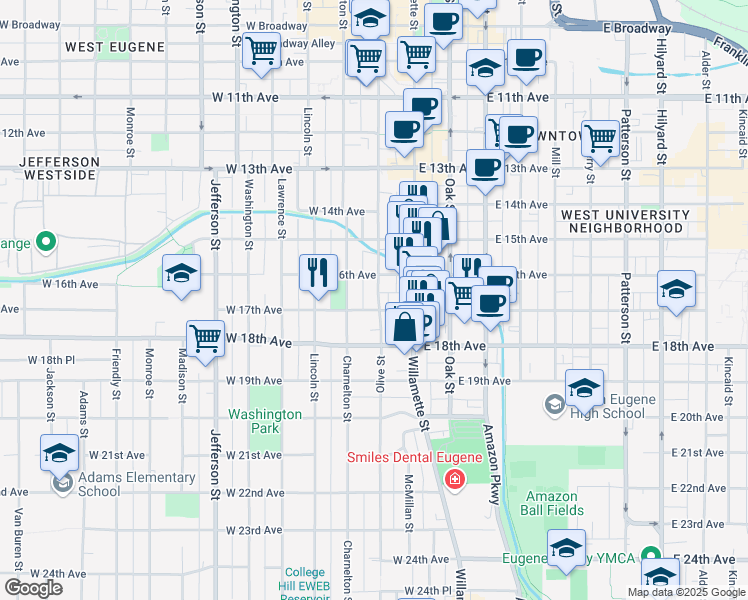 map of restaurants, bars, coffee shops, grocery stores, and more near 1680 Olive Street in Eugene