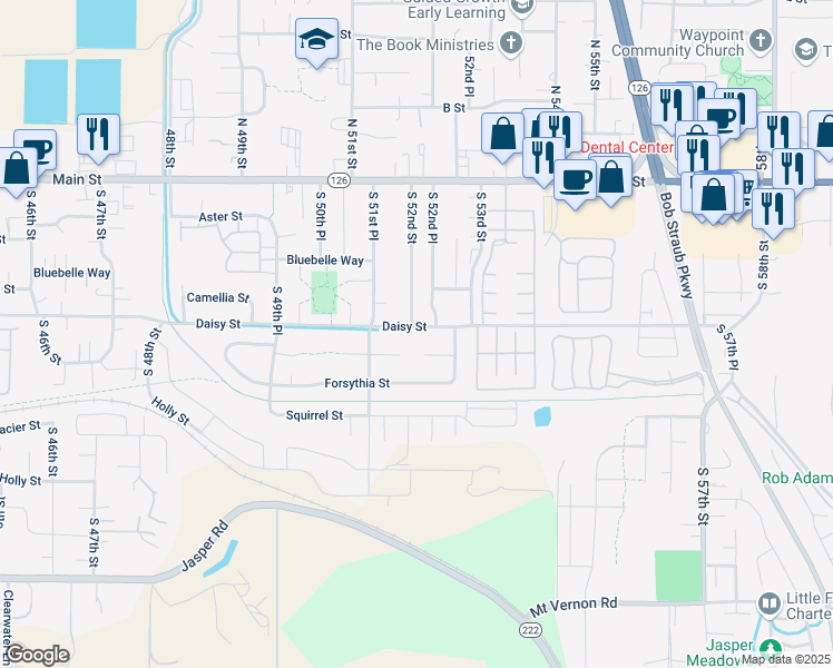 map of restaurants, bars, coffee shops, grocery stores, and more near 5207 Daisy Street in Springfield