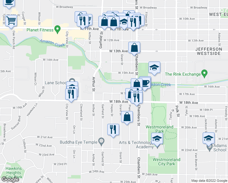 map of restaurants, bars, coffee shops, grocery stores, and more near 1885 West 17th Avenue in Eugene