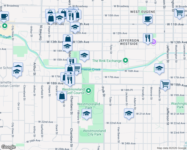 map of restaurants, bars, coffee shops, grocery stores, and more near 1380 West 17th Avenue in Eugene